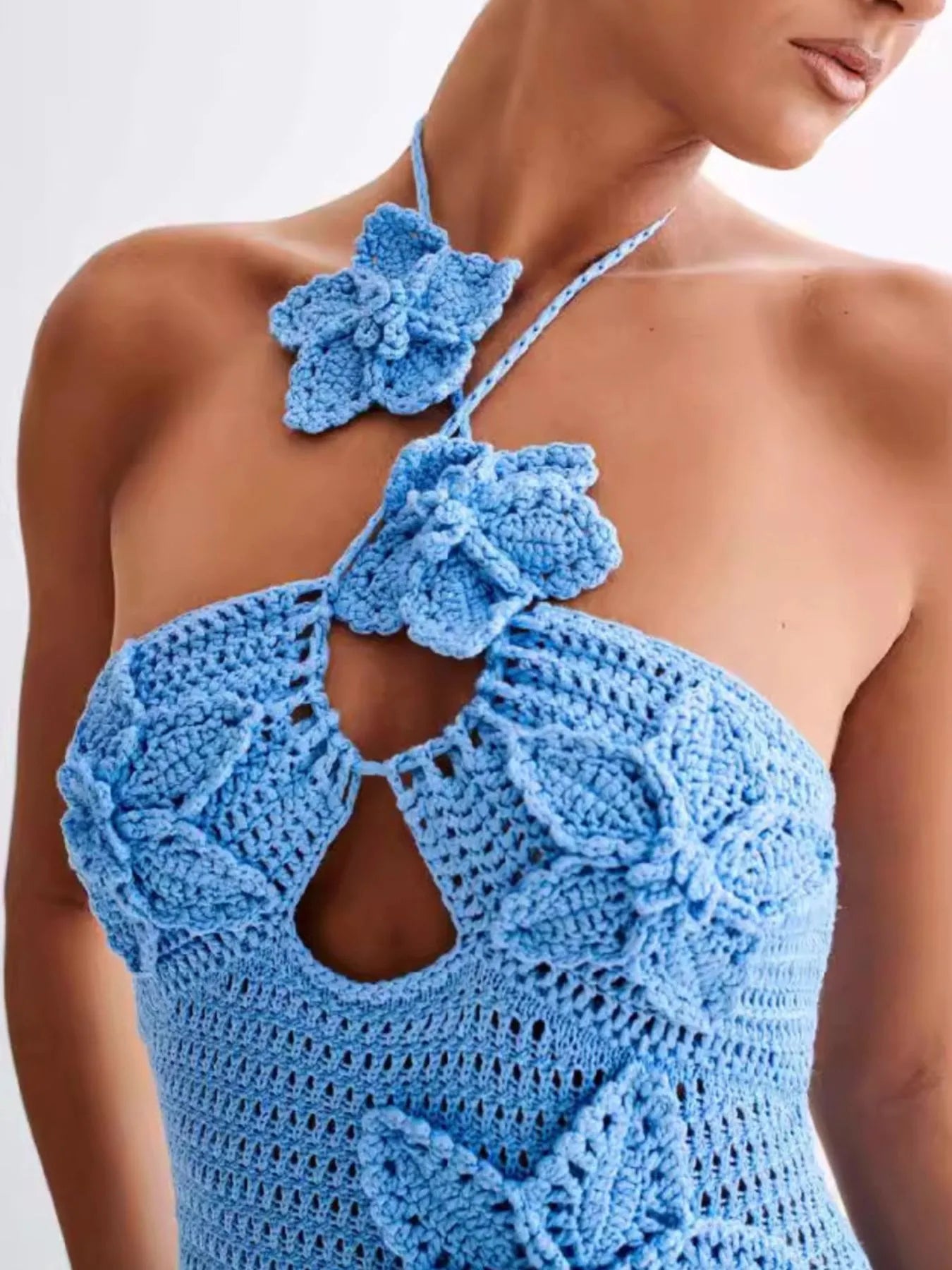 Crochet Floral Halter Knit Cover Up Dress OutfitFlow