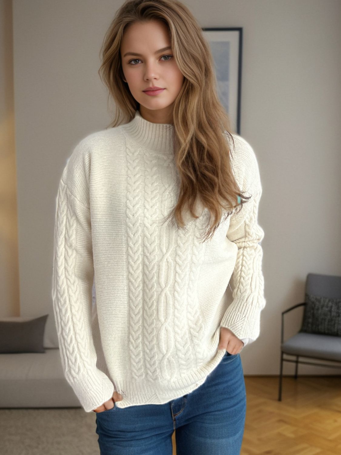 Outfit Flow - Cable-Knit Mock Neck Dropped Shoulder Sweater