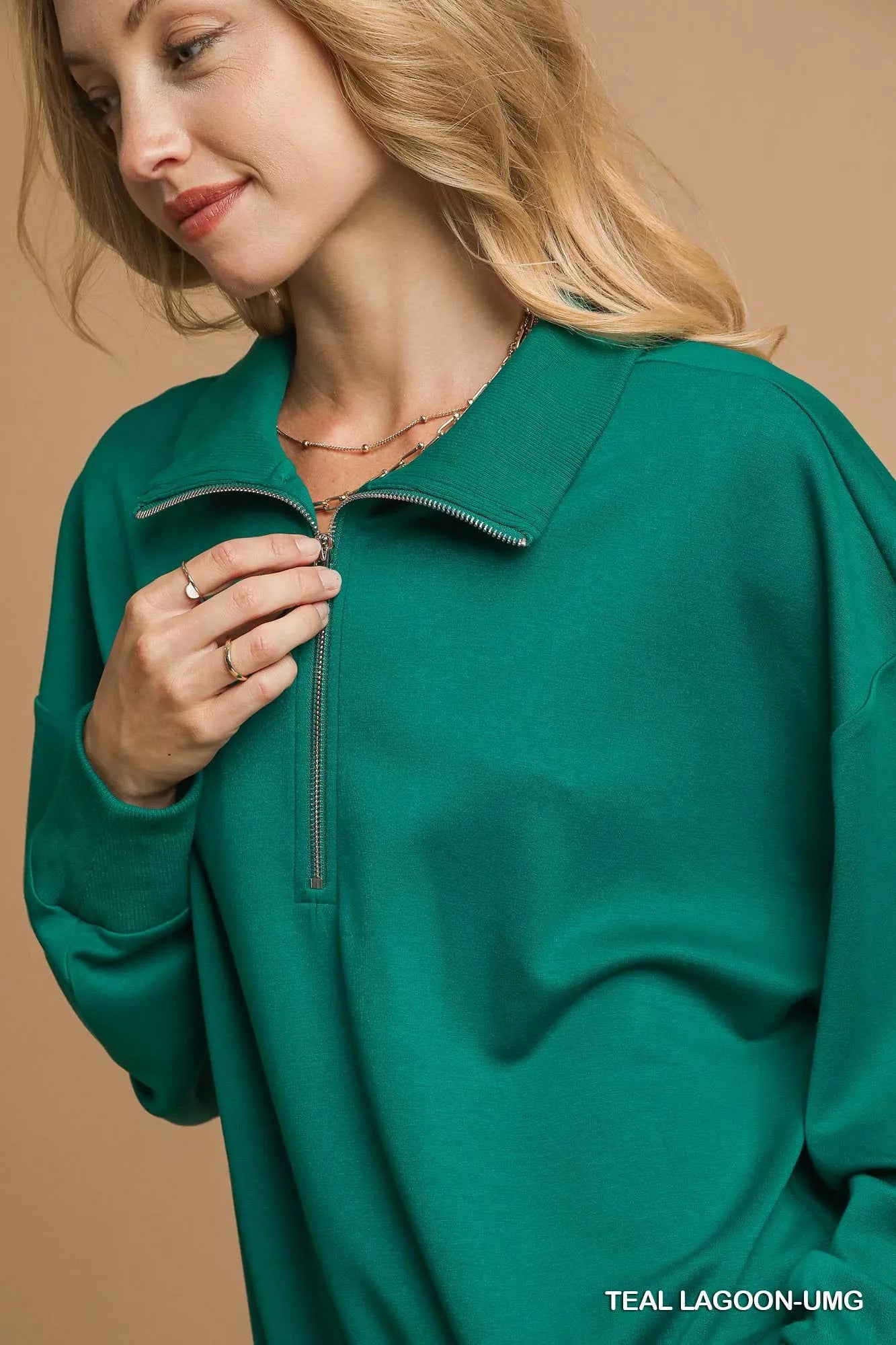 Umgee Half Zip Drop Shoulder Sweatshirt OutfitFlow