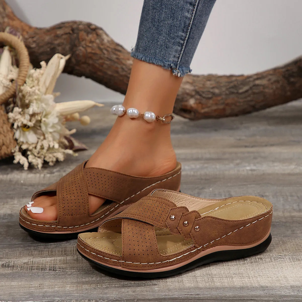 Crisscross Open Toe Wedge Sandals OutfitFlow