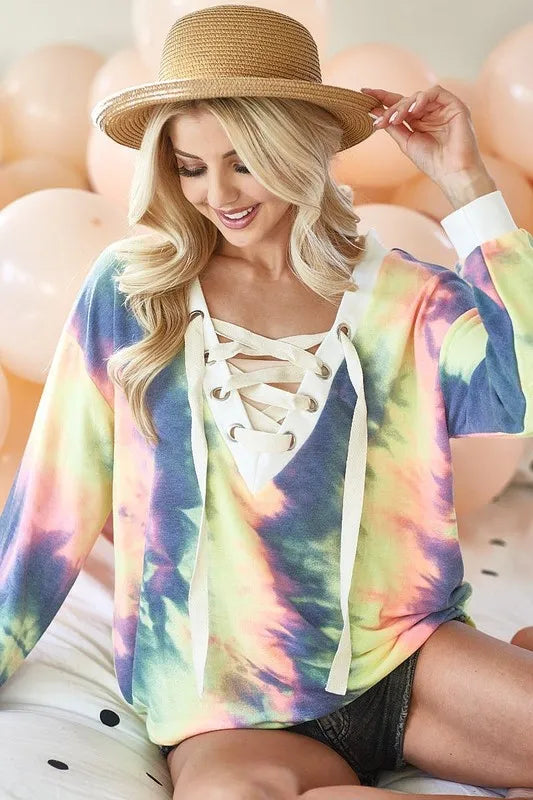 BiBi Tie Dye Deep V-Neck Top with Lace Up Front OutfitFlow