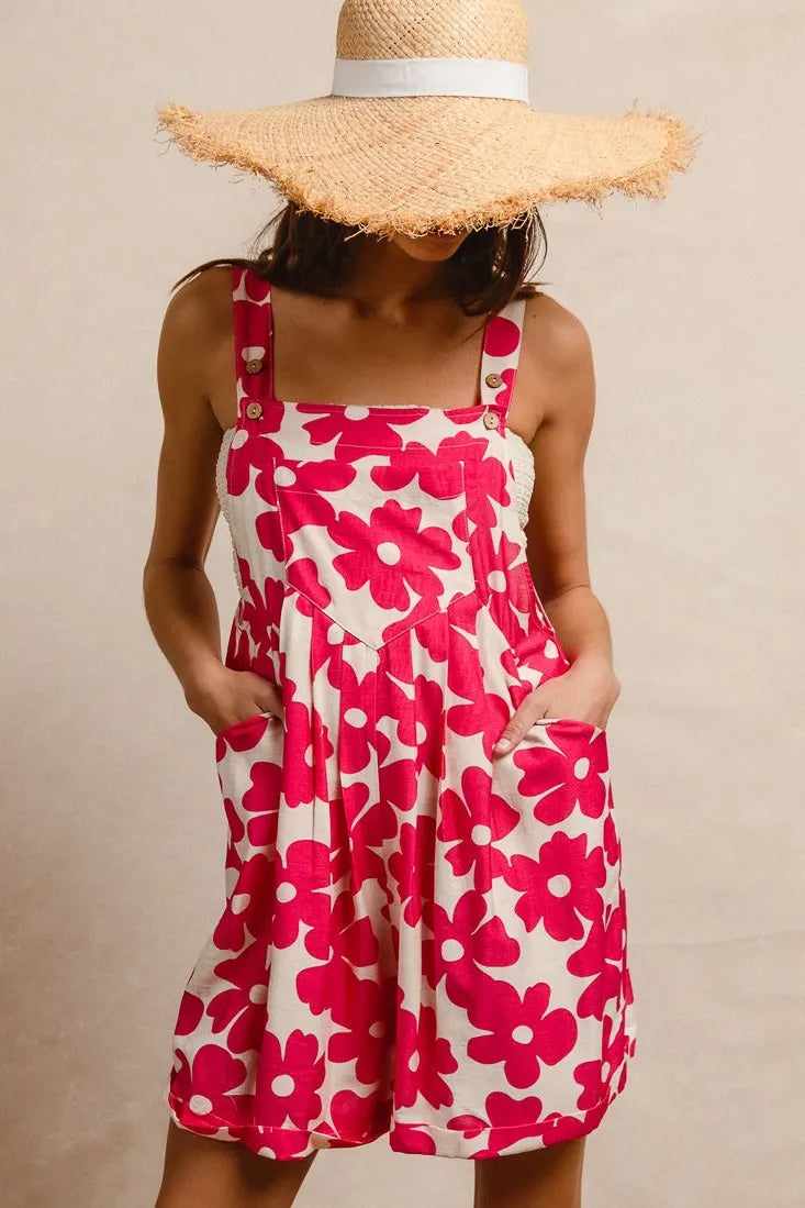 BiBi Floral Prints Tuck Detail Short Overall With Pockets OutfitFlow