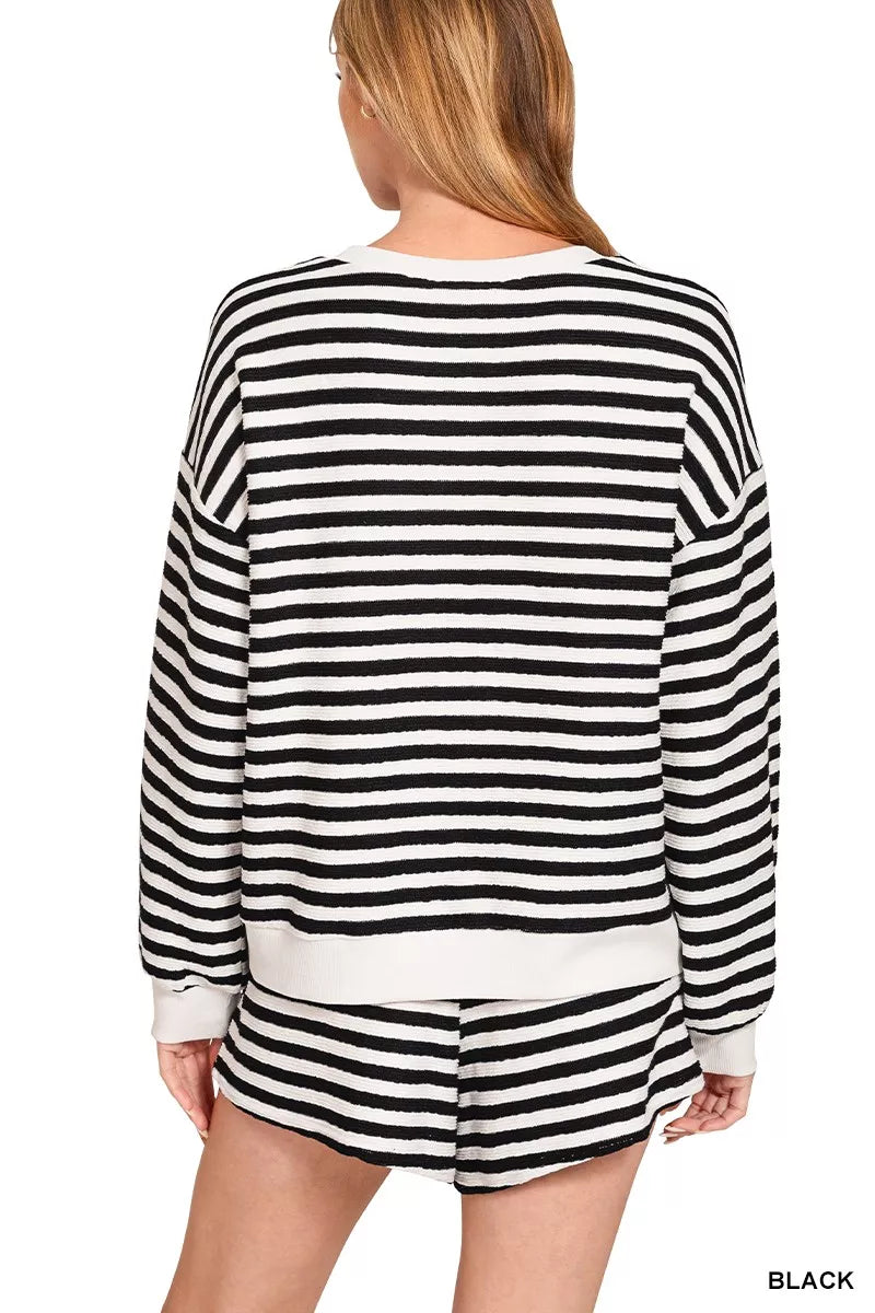 Zenana Striped Long Sleeve Top and Shorts Set OutfitFlow