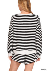 Zenana Striped Long Sleeve Top and Shorts Set OutfitFlow