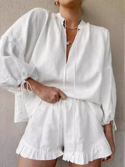 Tie Neck Balloon Sleeve Blouse and Shorts Set OutfitFlow
