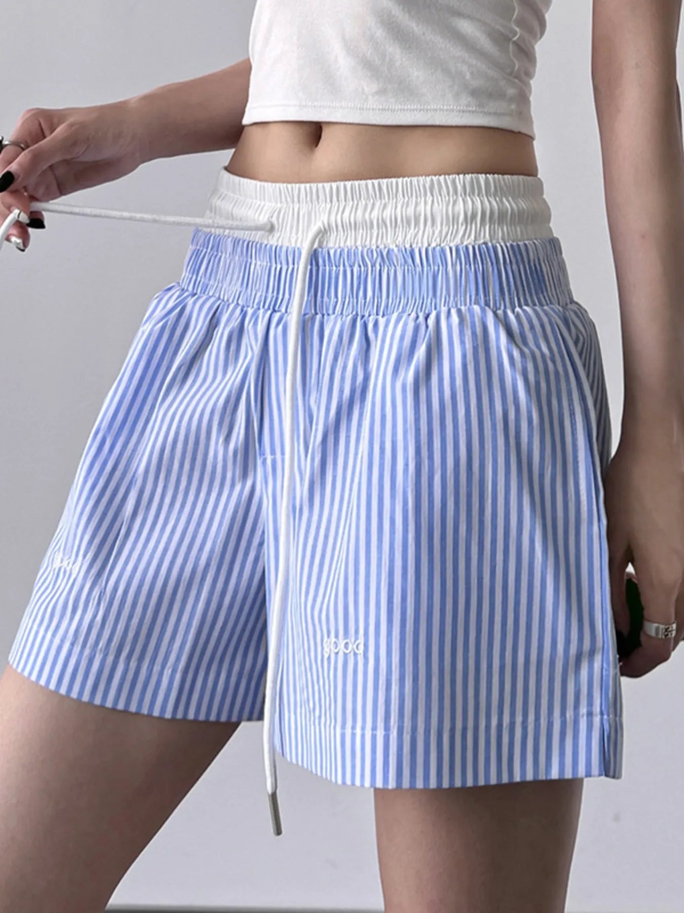 Striped Drawstring Waist Casual Shorts Blue OutfitFlow