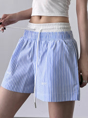 Striped Drawstring Waist Casual Shorts Blue OutfitFlow