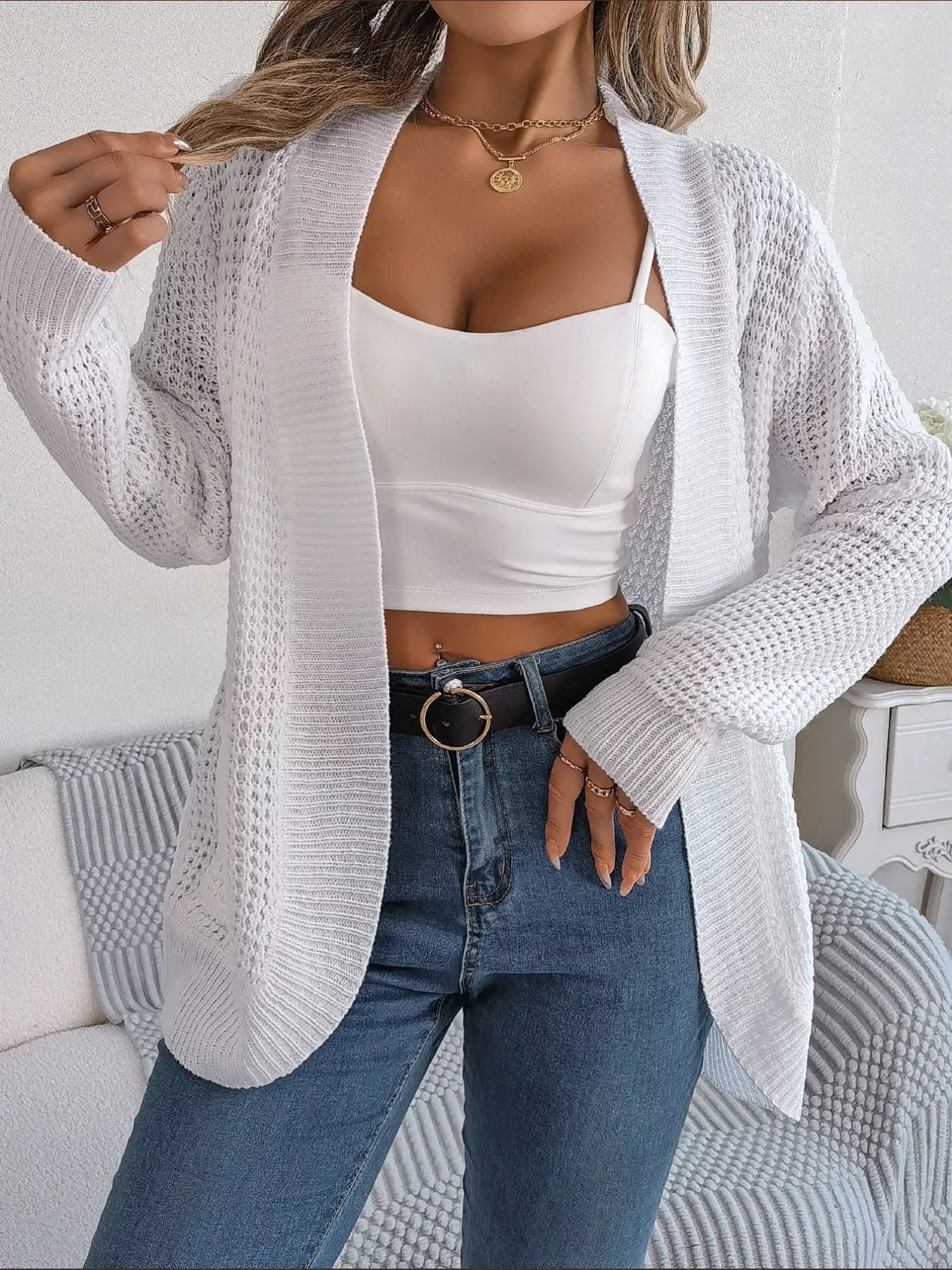Chunky Knit Open Front Cardigan with Pockets OutfitFlow