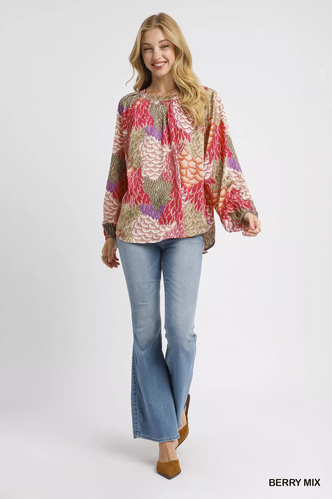 Umgee Boho Feather Print Peasant Blouse Trendsi