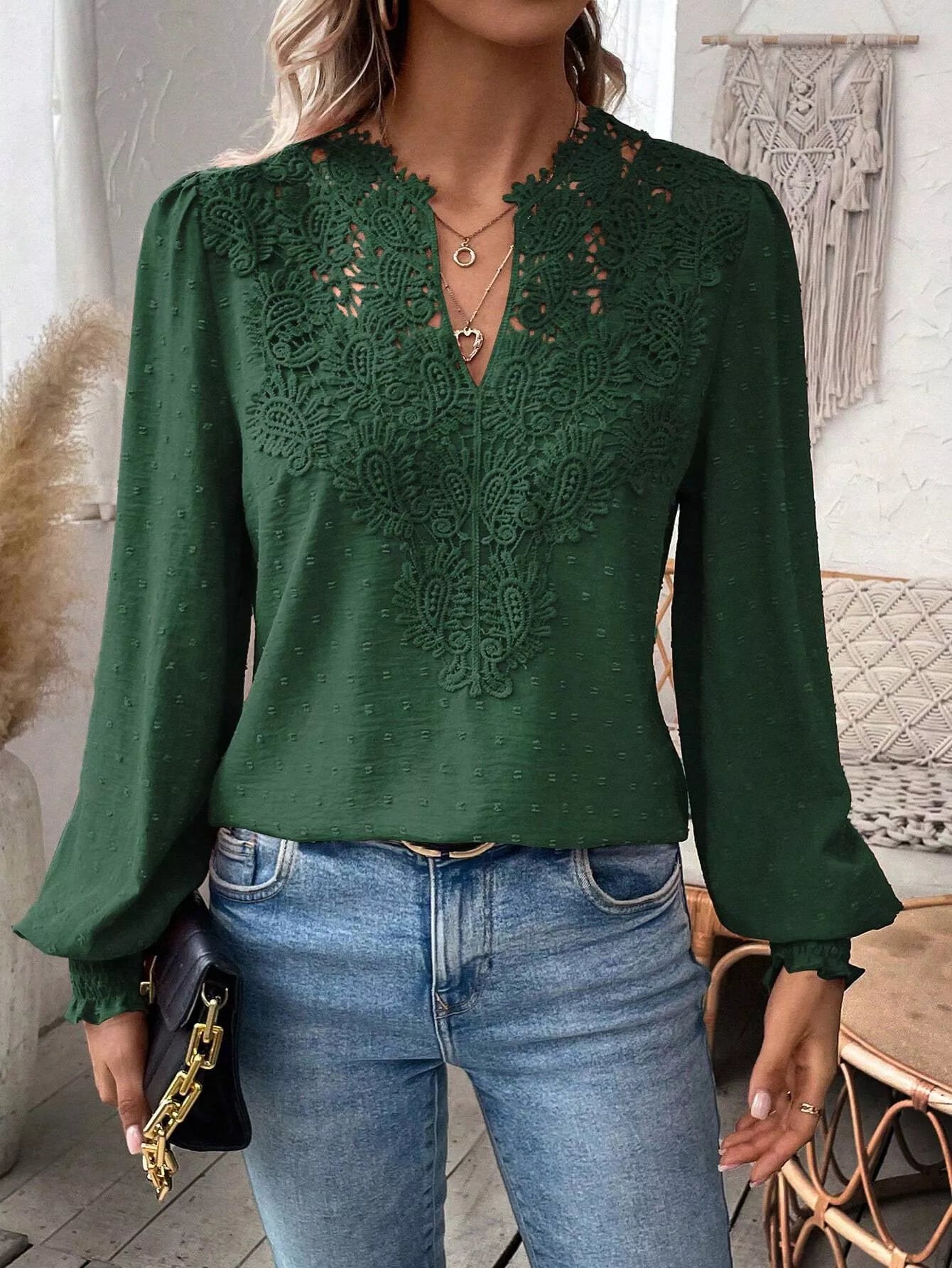 Swiss Dot Lace Detail Long Sleeve Blouse Black Forest OutfitFlow