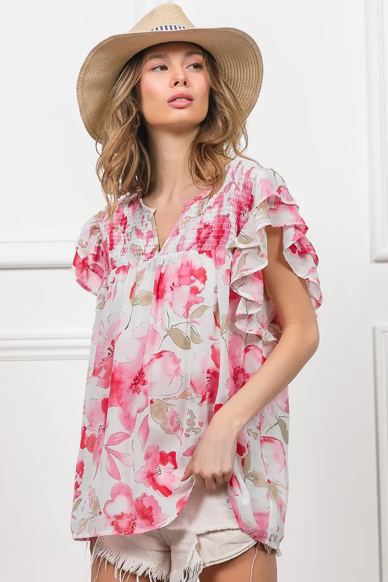 BiBi Floral Print Flutter Sheer Top OutfitFlow
