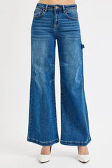 RISEN Full Size High Rise Wide Leg Patch Detailed Jeans Plus Size DARK OutfitFlow