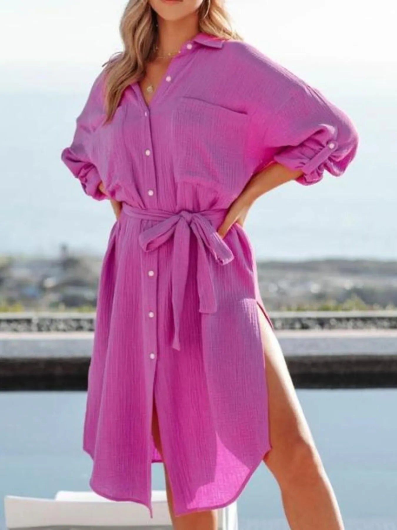 Button Down Tie Waist Shirt Dress OutfitFlow