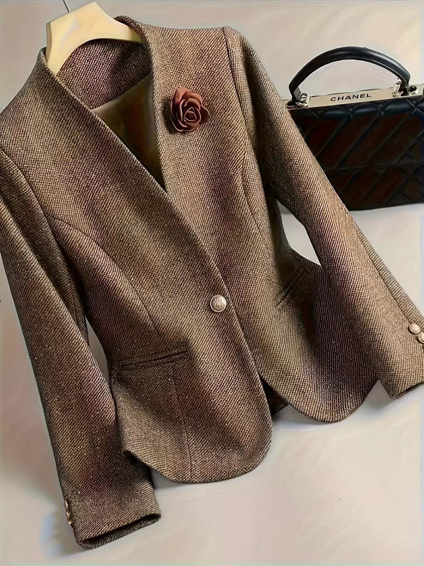 Flower One Button Long Sleeve Blazer Taupe OutfitFlow