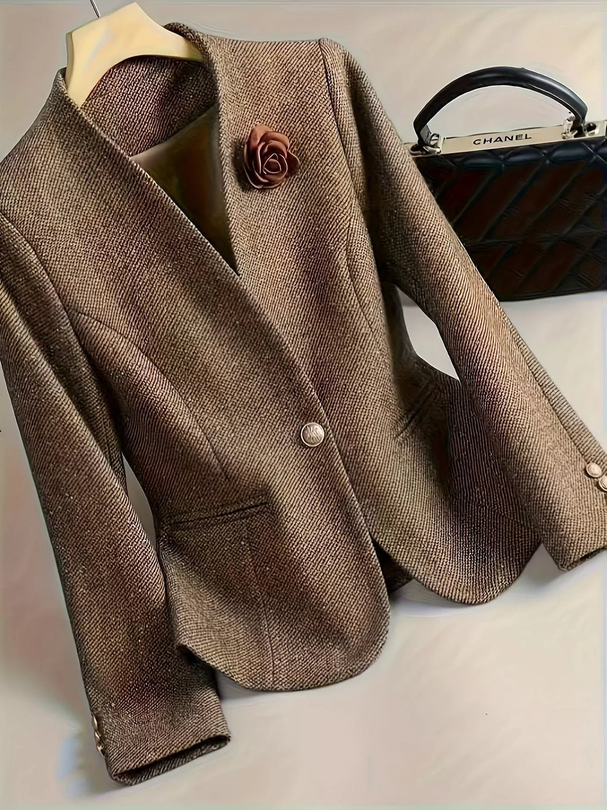 Flower One Button Long Sleeve Blazer Taupe OutfitFlow