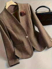 Flower One Button Long Sleeve Blazer Taupe OutfitFlow