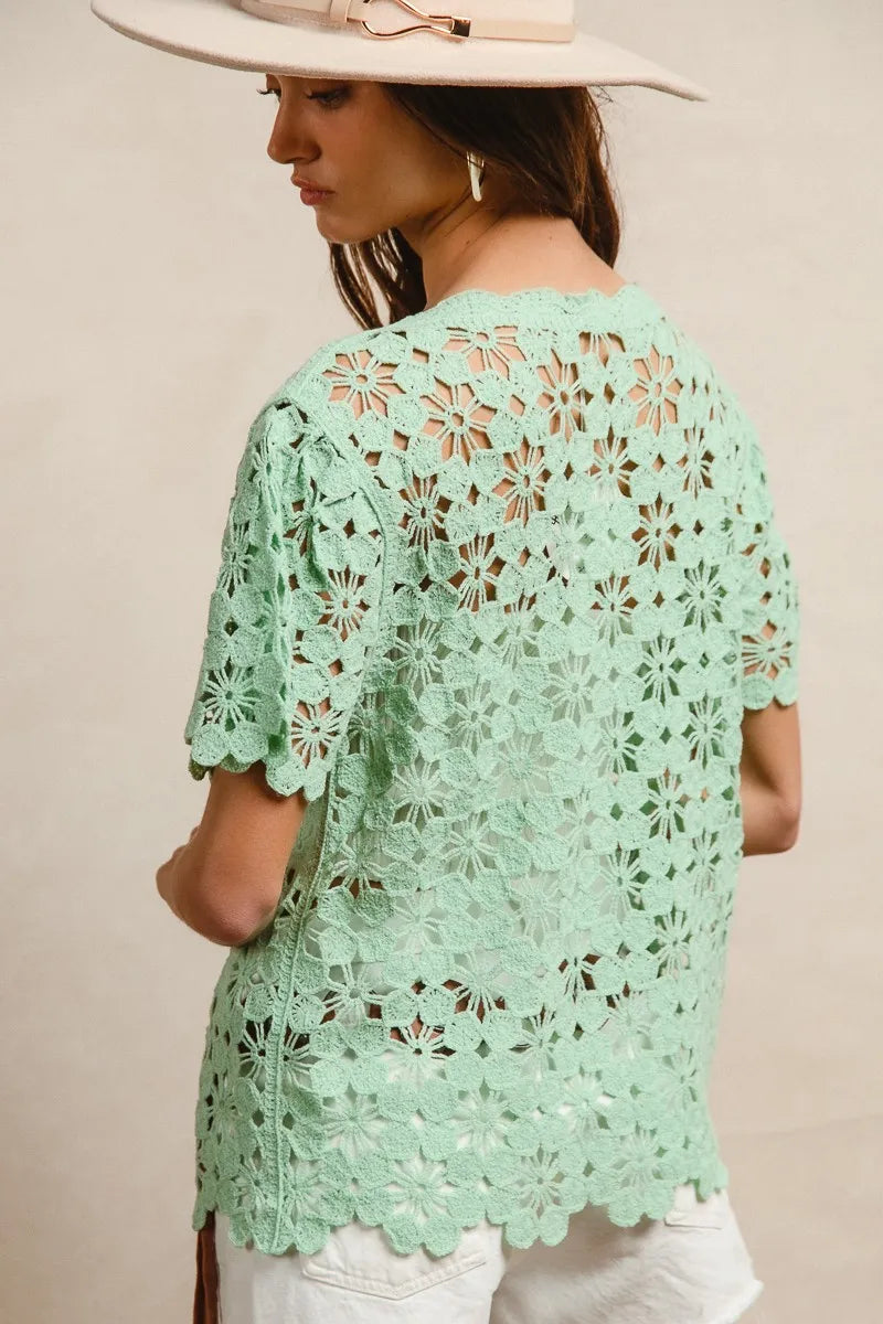 BiBi Openwork Crochet Short Sleeve Knit Top OutfitFlow