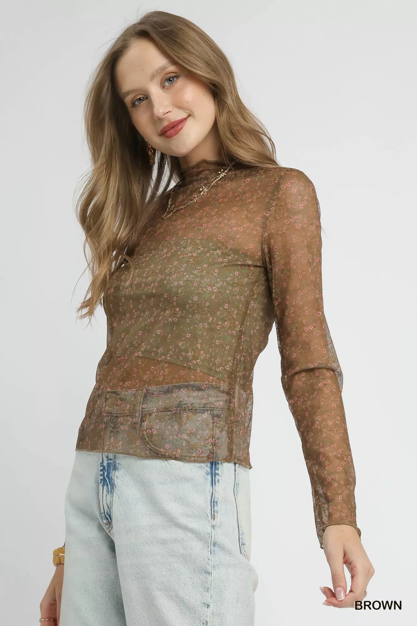 Umgee Nylon Lace Mesh Long Sleeve Top OutfitFlow