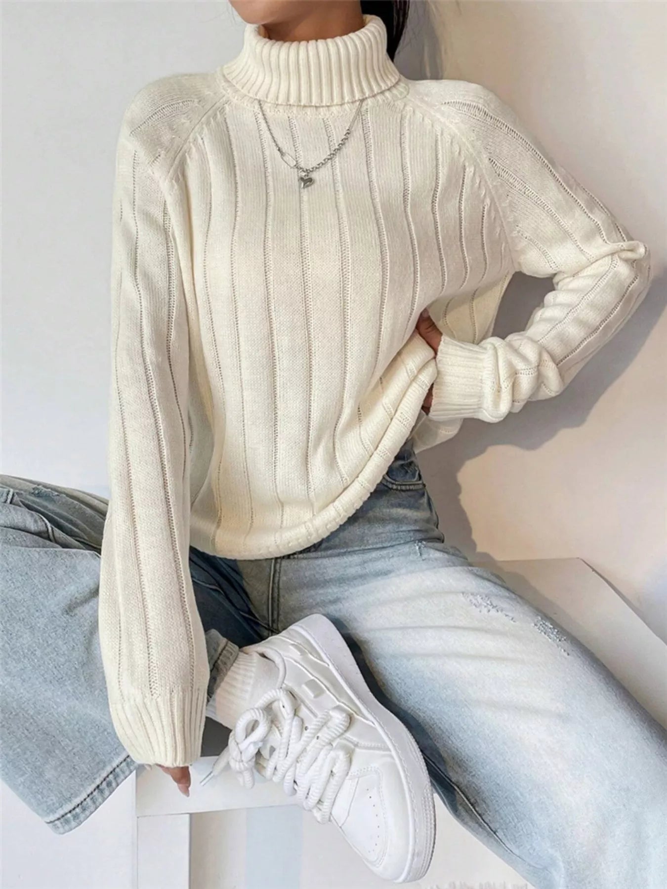 Ribbed Turtleneck Long Sleeve Sweater OutfitFlow