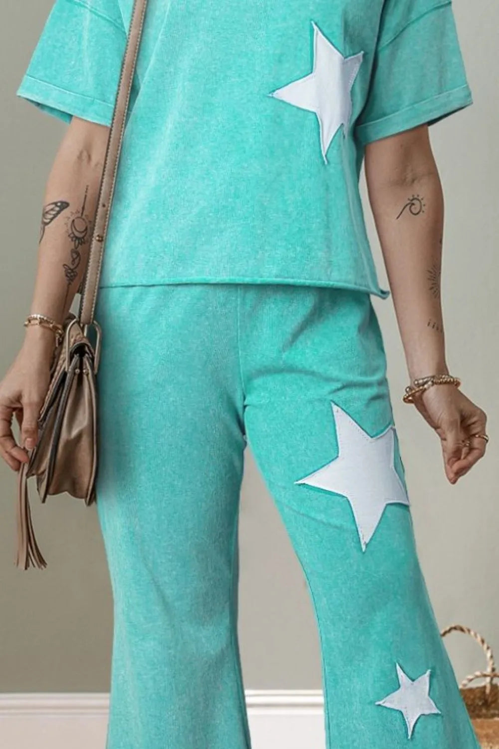 Star Round Neck Half Sleeve Top and Pants Set OutfitFlow