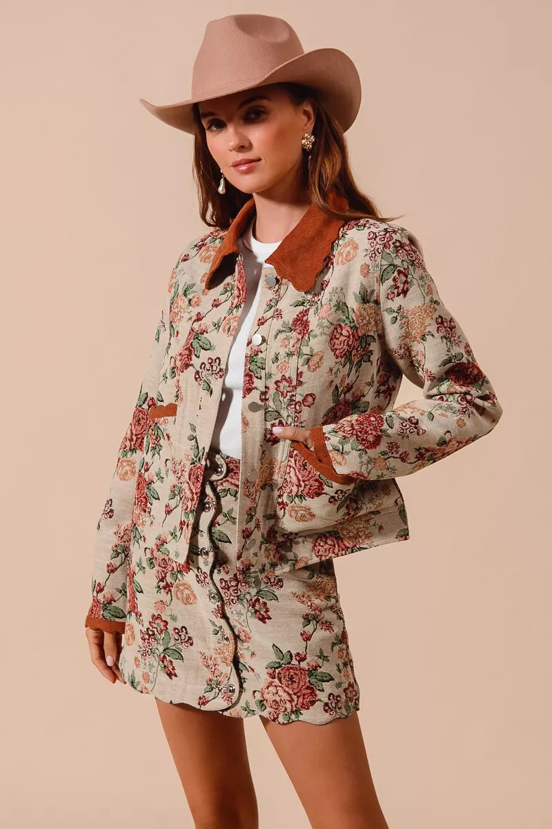 SO ME Floral Jacquard Button Front Mini Skirt with Scall Trendsi