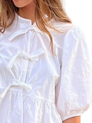 Puff Sleeve Bow Tie Blouse OutfitFlow