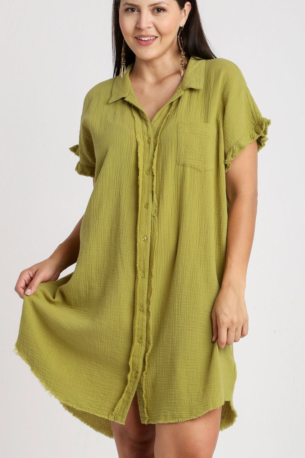 Umgee Full Size Raw Hem Button Down Short Sleeve Gauze Shirt Dress Plus Size OutfitFlow