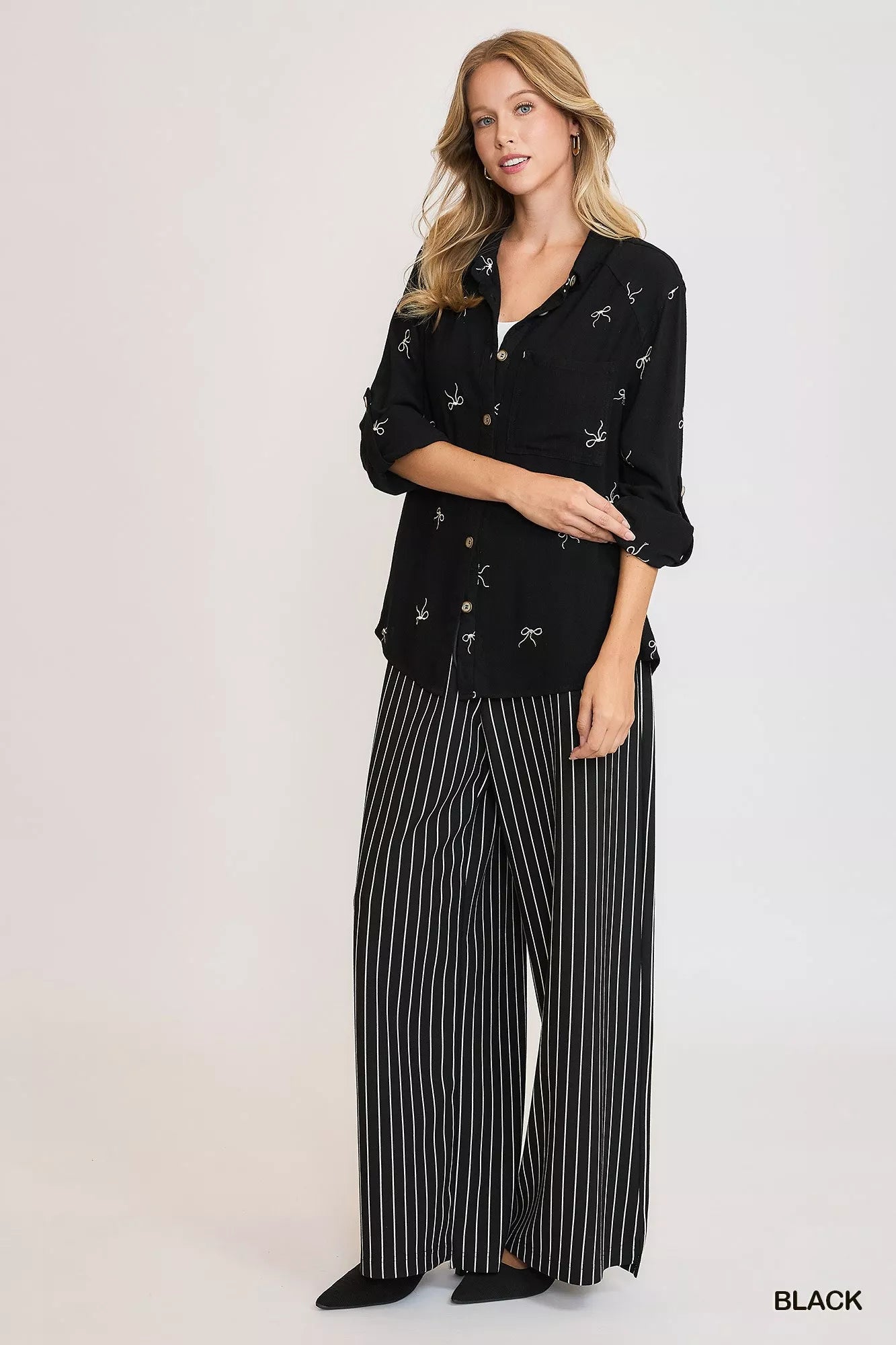 Umgee Linen Blend Fitted Shirt with Ribbon Embroidery Details Trendsi