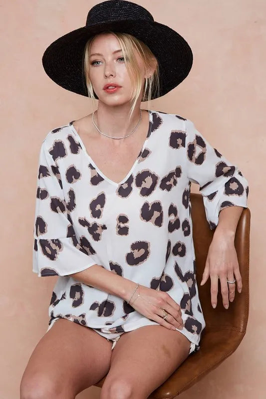 BiBi Leopard Printed V Neck Woven Top with Ruffled OutfitFlow
