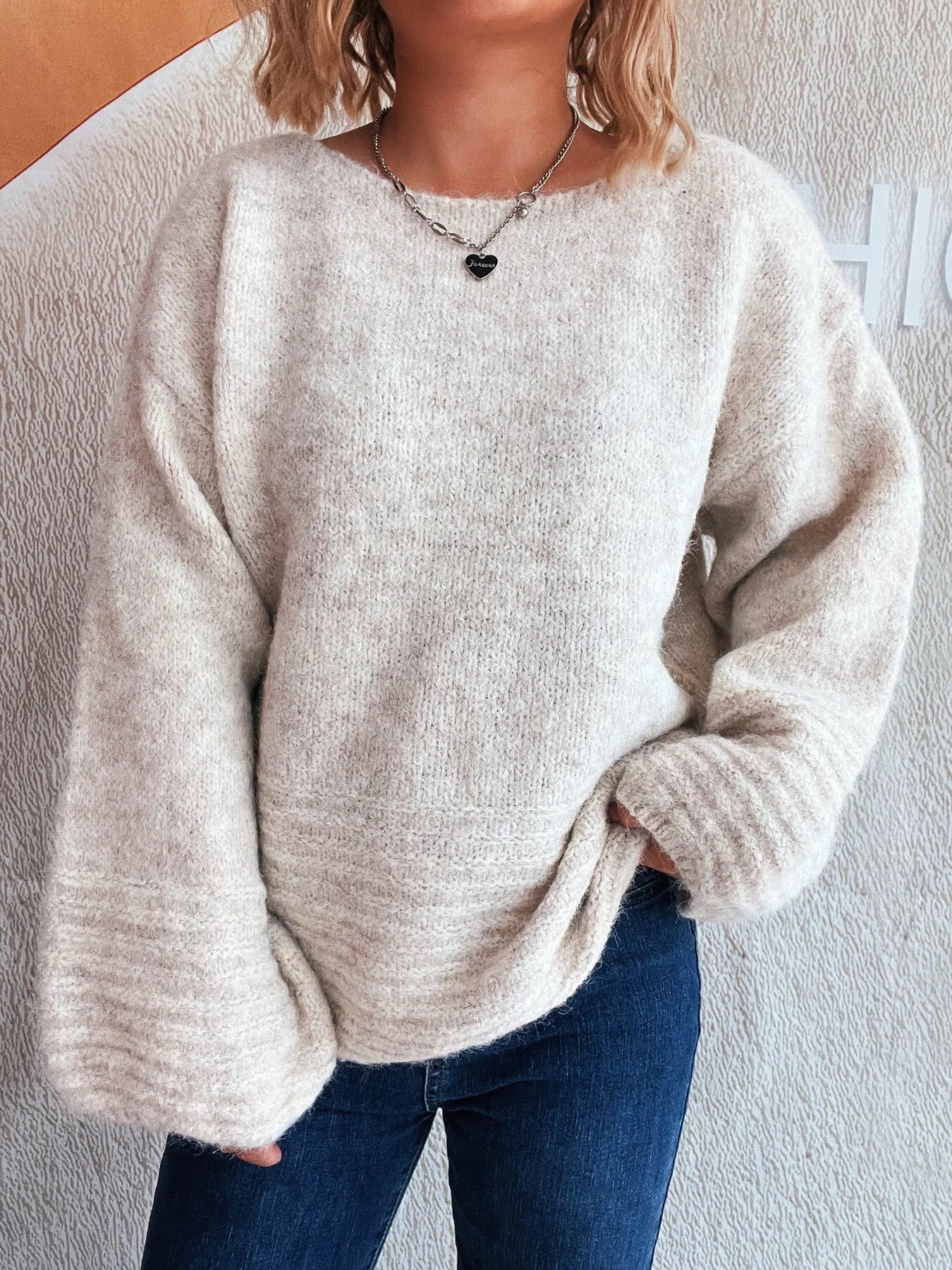 Relaxed Fit Round Neck Sweater Apricot One Size Trendsi