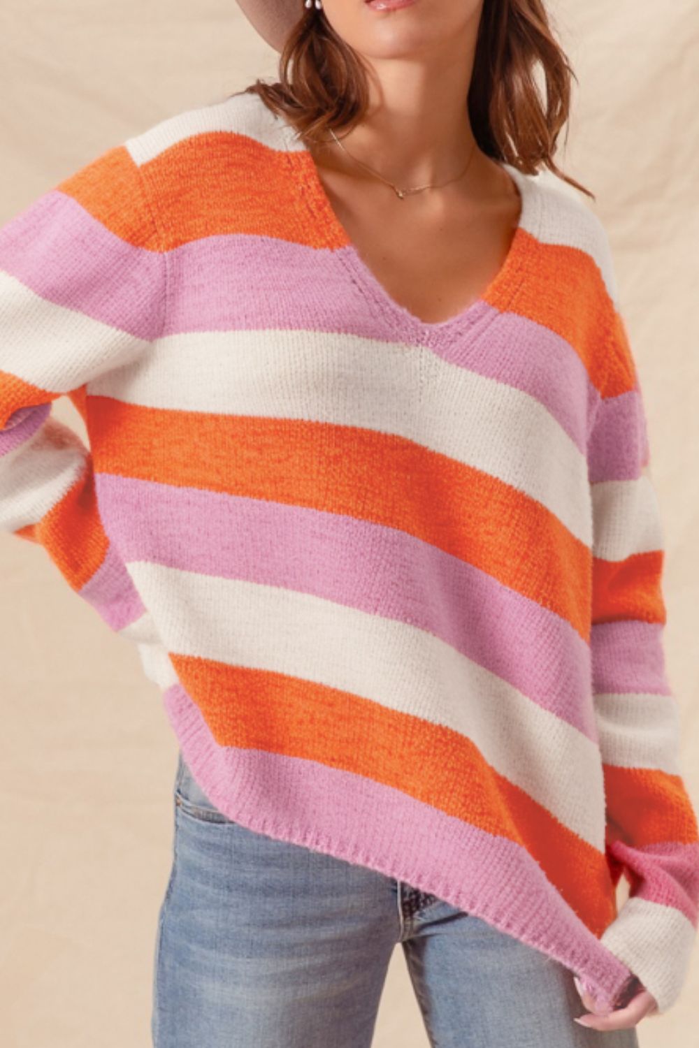 Outfit Flow - Color Block V-Neck Long Sleeve Sweater