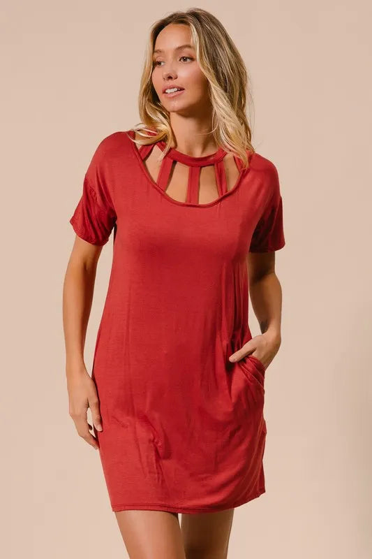 BiBi Front Cutout Mini Tee Dress with Pockets OutfitFlow