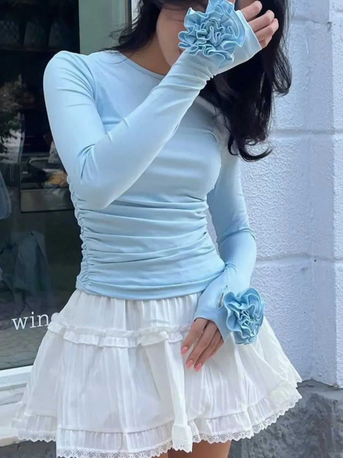 Flower Round Neck Long Sleeve T-Shirt OutfitFlow