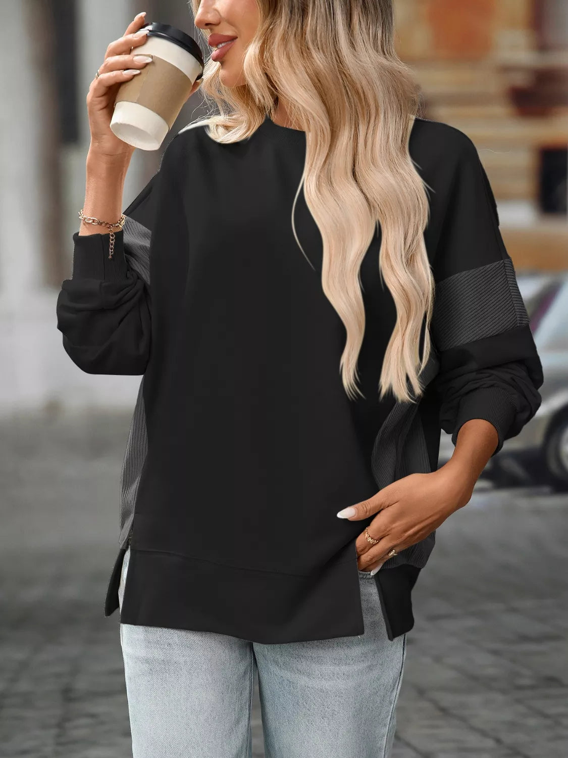 Side Slit Round Neck Sweatshirt OutfitFlow