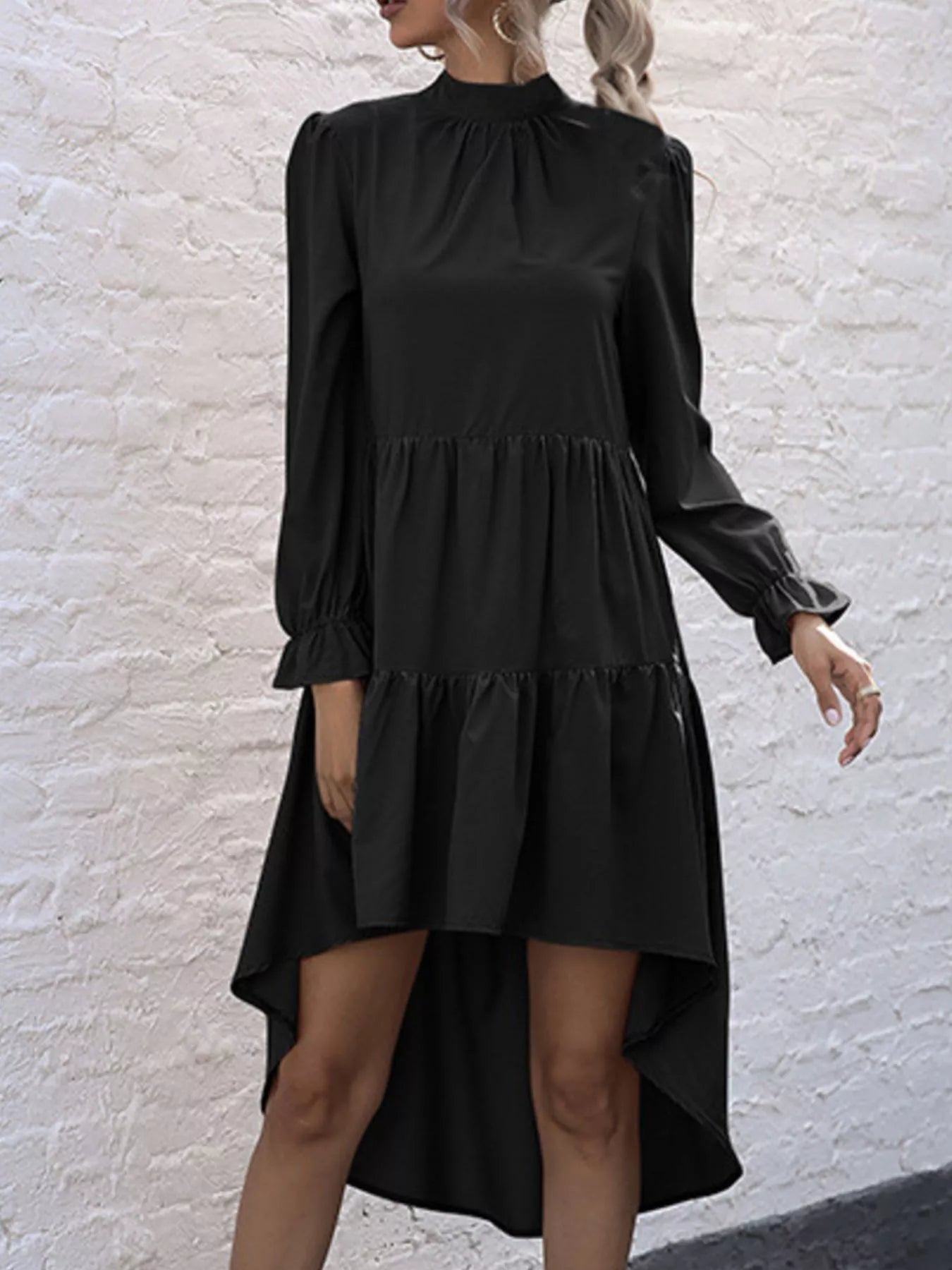 High-Low Flounce Sleeve Dress Black OutfitFlow