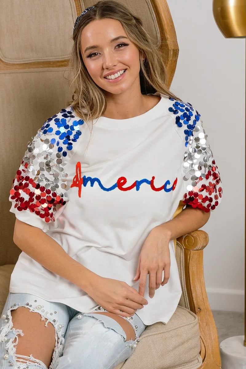 BiBi America Letter Applique Spangle Puff Sleeves Top OutfitFlow