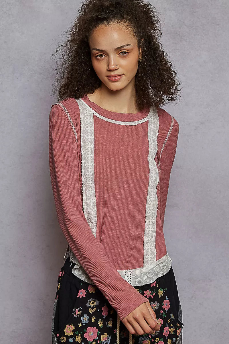 POL Contrast Round Neck Long Sleeve Ribbed Top with Eyelet Patch OutfitFlow