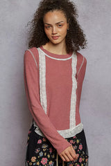 POL Contrast Round Neck Long Sleeve Ribbed Top with Eyelet Patch OutfitFlow