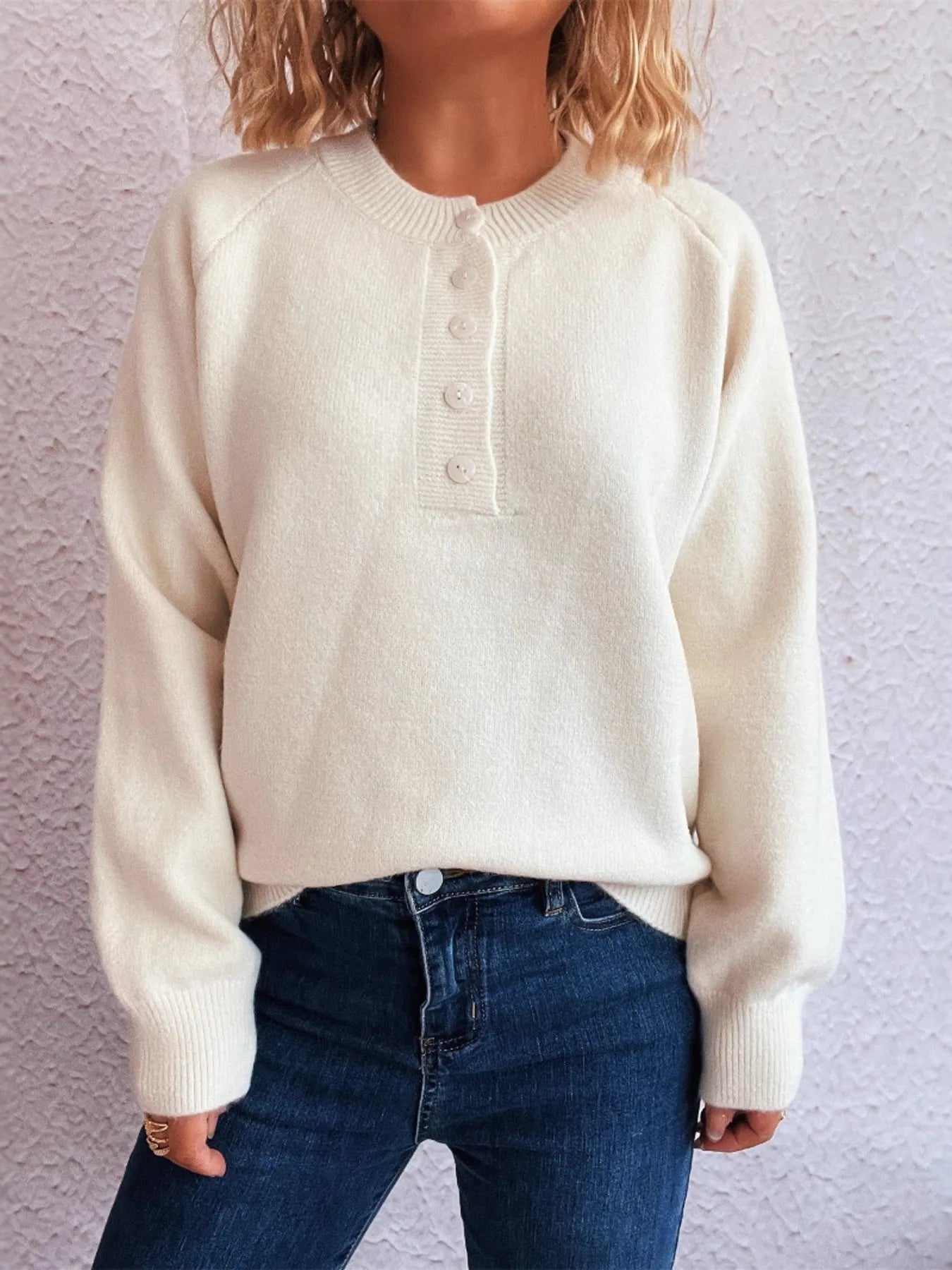 Button-Front Long Sleeve Sweater White One Size OutfitFlow