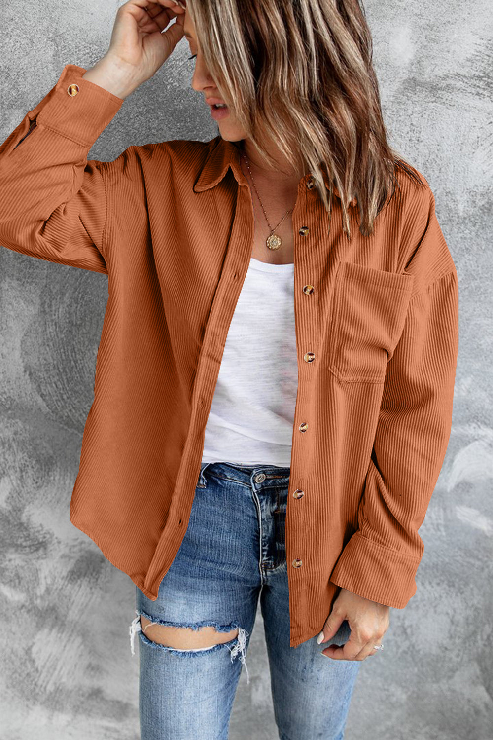 Collared Neck Button Up Dropped Shoulder Jacket