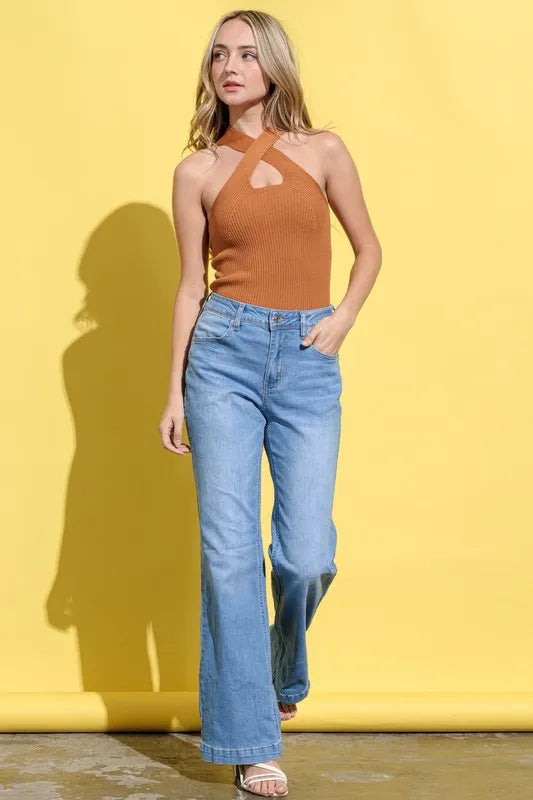 And The Why Basic Rib Cross Halter Neck Tank Top OutfitFlow
