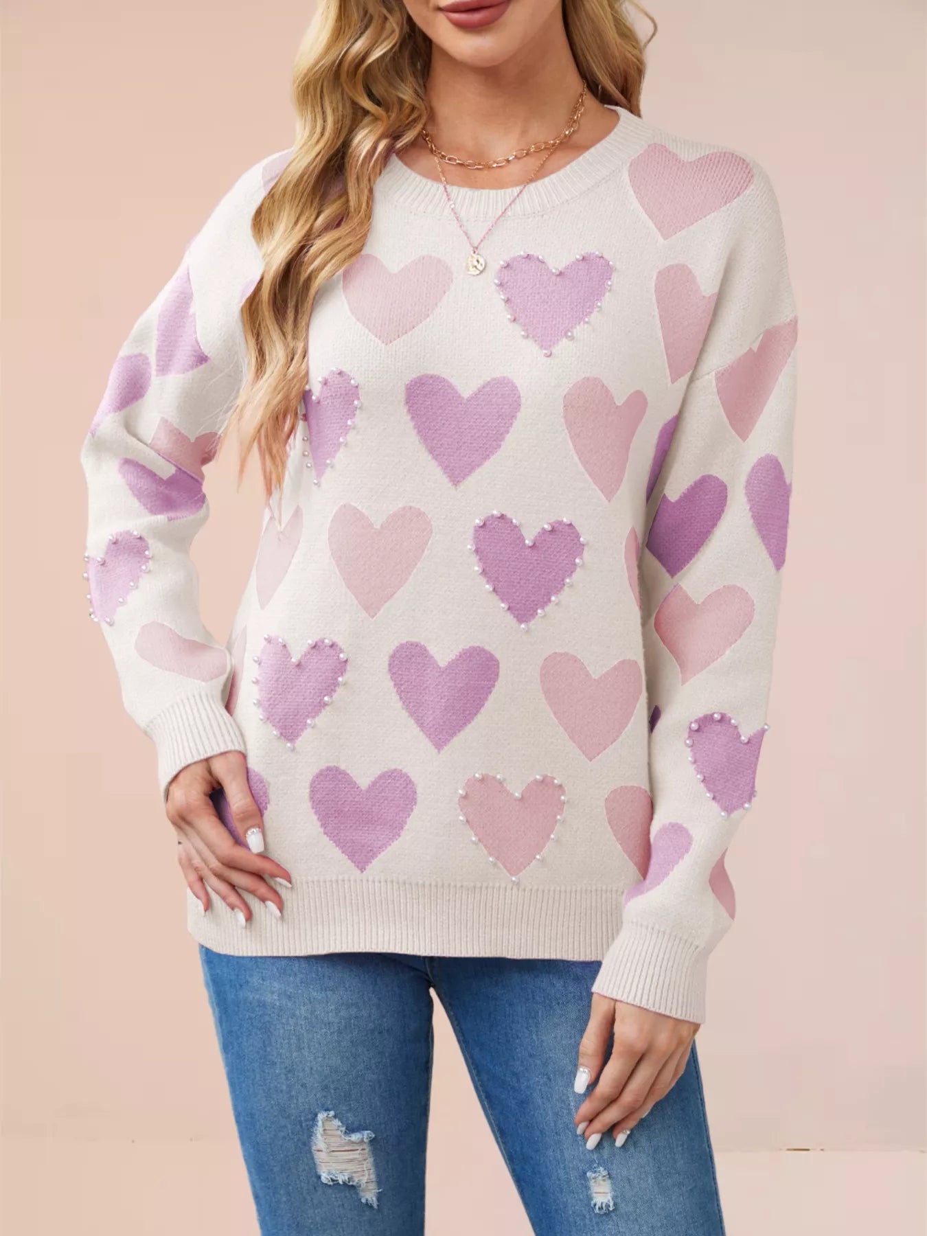 Heart Pattern Beaded Round Neck Sweater OutfitFlow