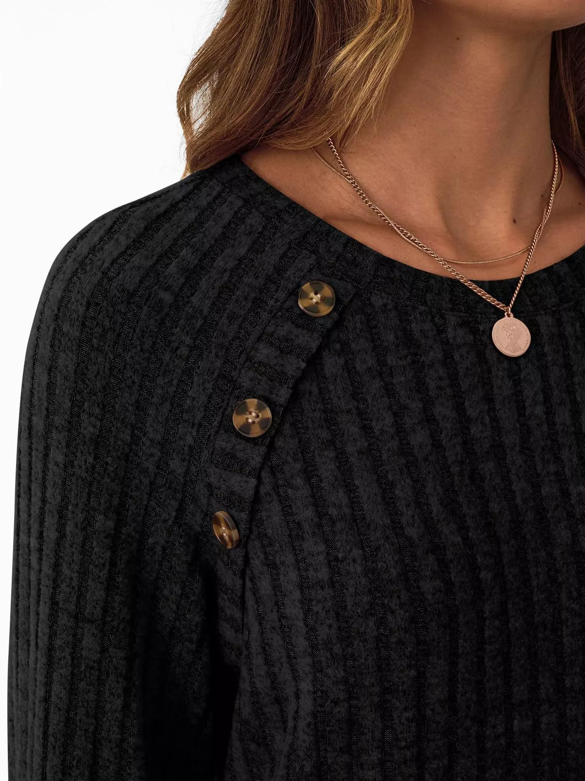 Ribbed Knit Decor Button Long Sleeve T-Shirt OutfitFlow
