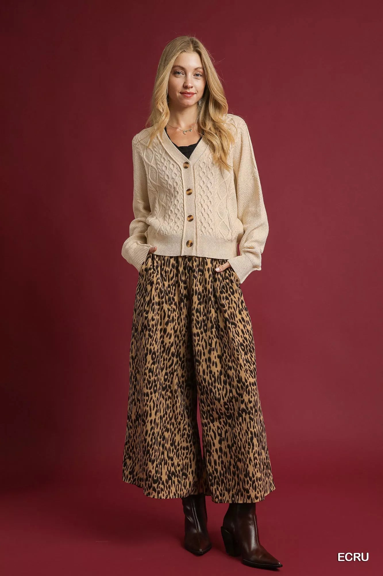 Umgee Chunky Cable Knit V-Neck Button-Up Cardigan OutfitFlow