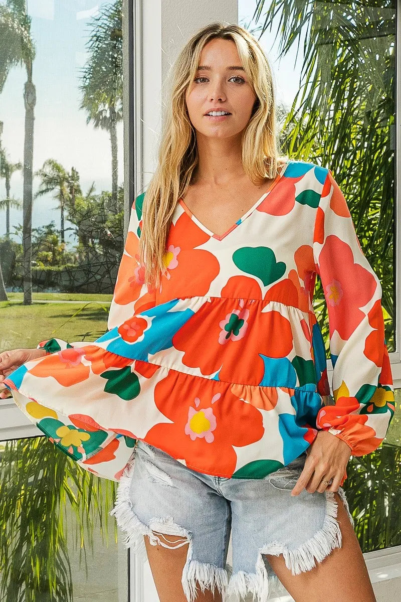 BiBi Floral Woven Tiered V Neck Top Trendsi