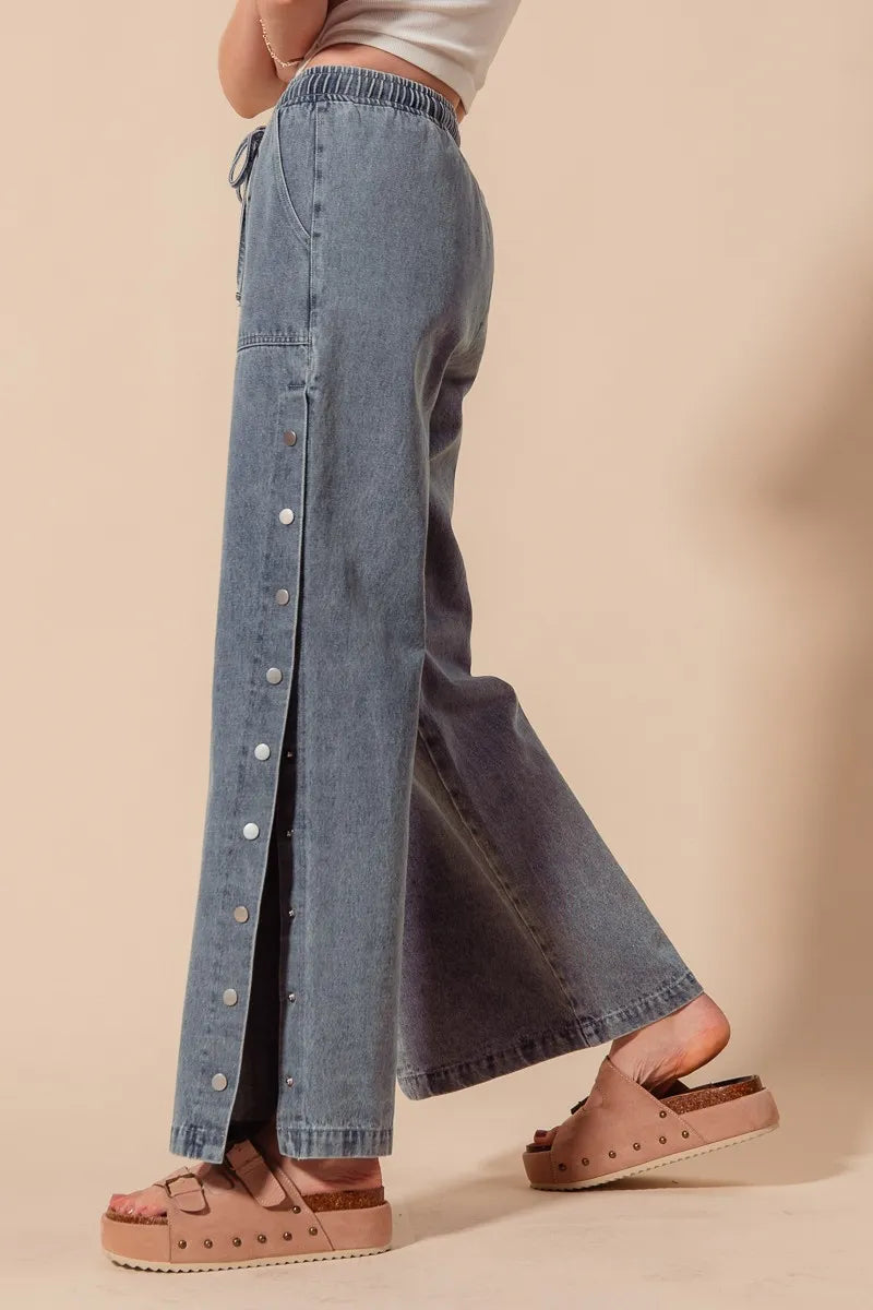 SO ME Mid Rise Drawstring Jeans with Side Snap Button OutfitFlow