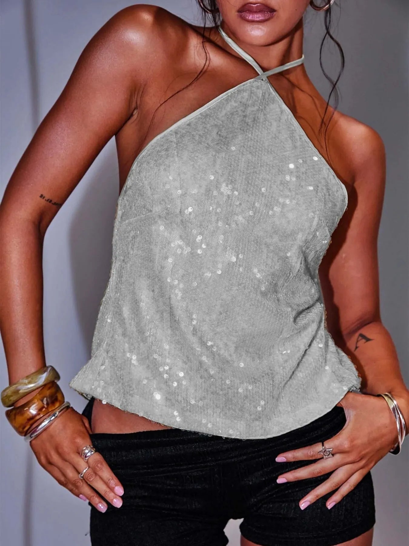 Sequined Halter Neck Cami Grey OutfitFlow