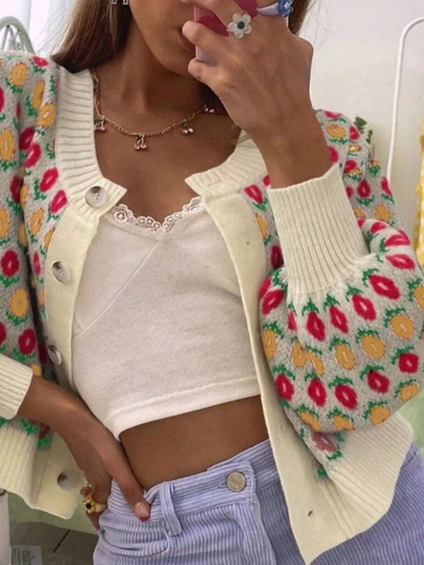 Floral Button Up Long Sleeve Cardigan OutfitFlow