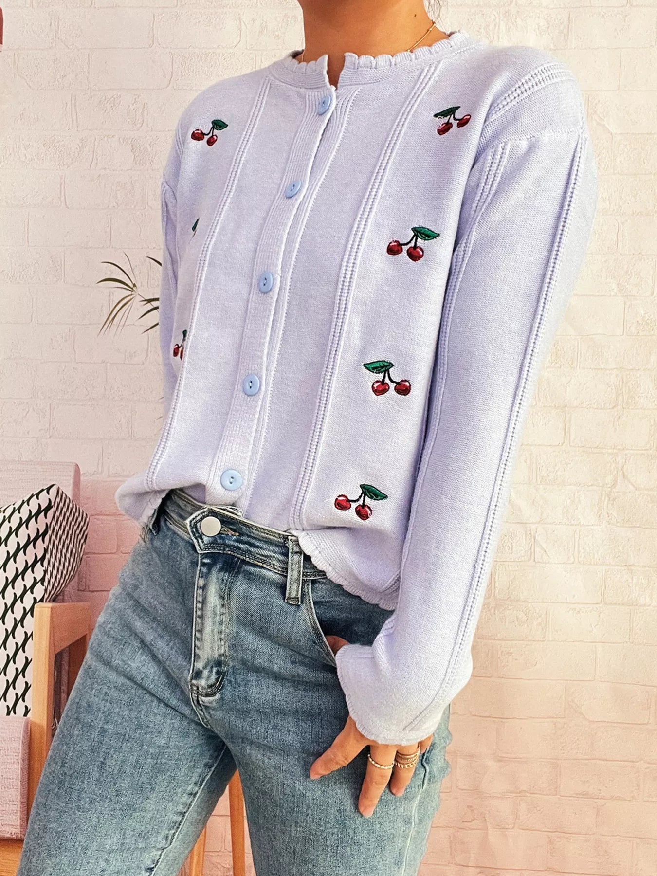 Cherry Embroidered Button Up Cardigan OutfitFlow