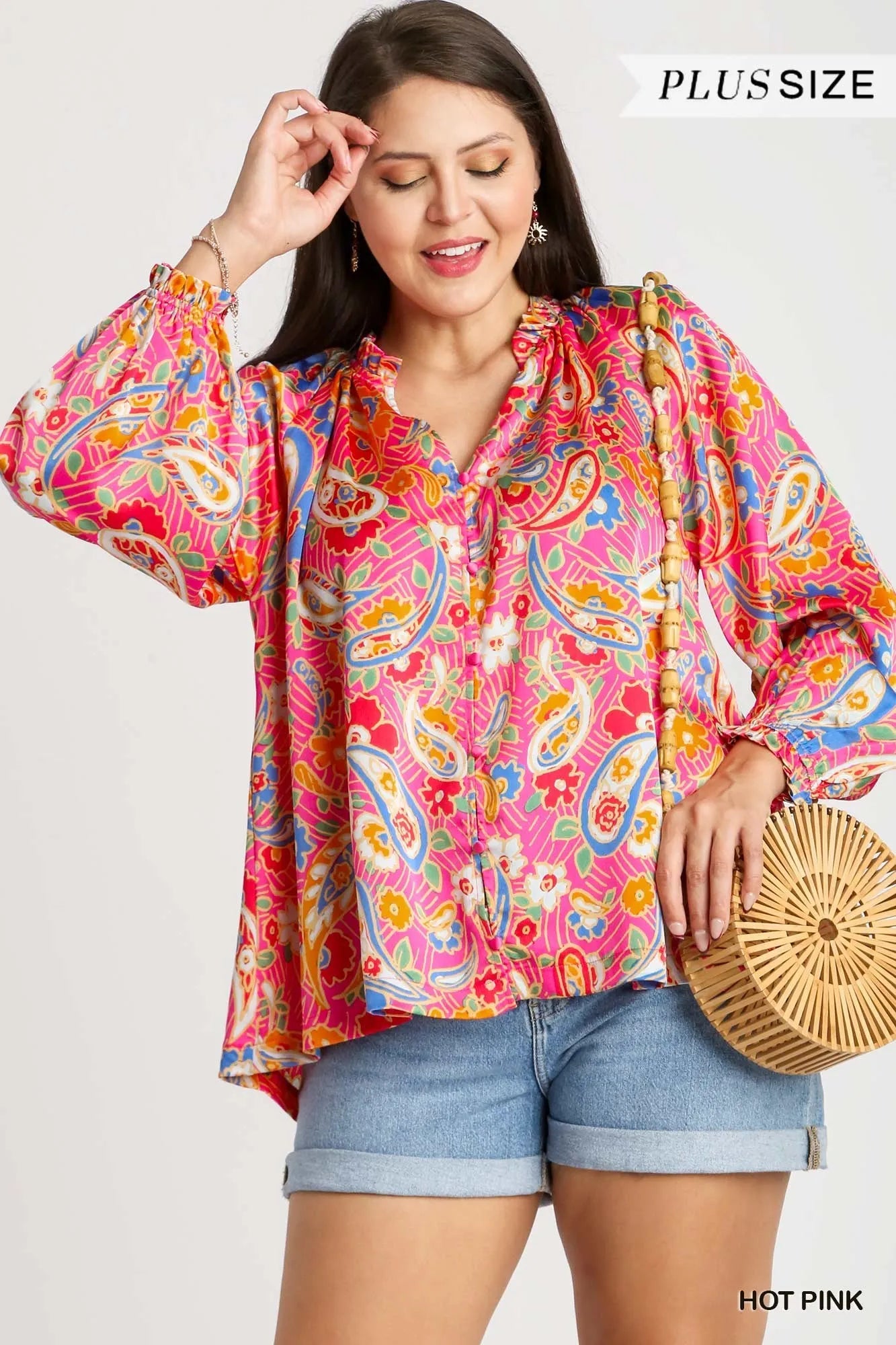 Umgee Full Size Satin Paisley Ruffle Neck Button-Up Shirt Plus Size Trendsi